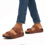 Men GOGH MOC Adjustable Leather Slides Fitflop 882F116 Dark Tan - Image 2
