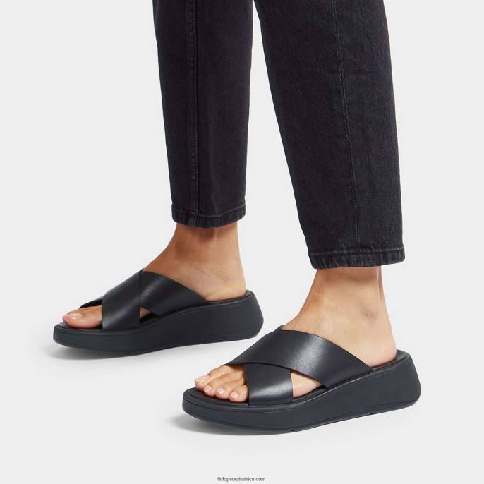 Women F-MODE Leather Flatform Cross Slides Fitflop 882F170 All Black - Image 2