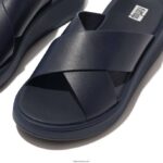 Women F-MODE Leather Flatform Cross Slides Fitflop 882F171 Midnight Navy - Image 4
