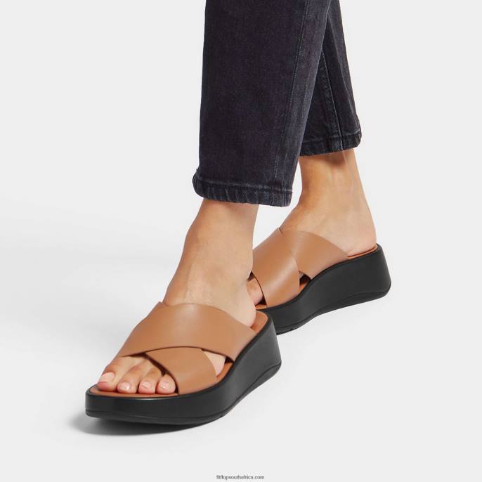 Women F-MODE Luxe Leather Flatform Cross Slides Fitflop 882F159 Latte Tan - Image 2