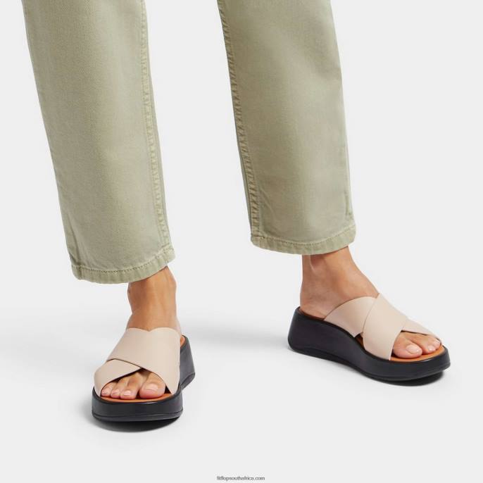 Women F-MODE Luxe Leather Flatform Cross Slides Fitflop 882F160 Beige/Black - Image 2