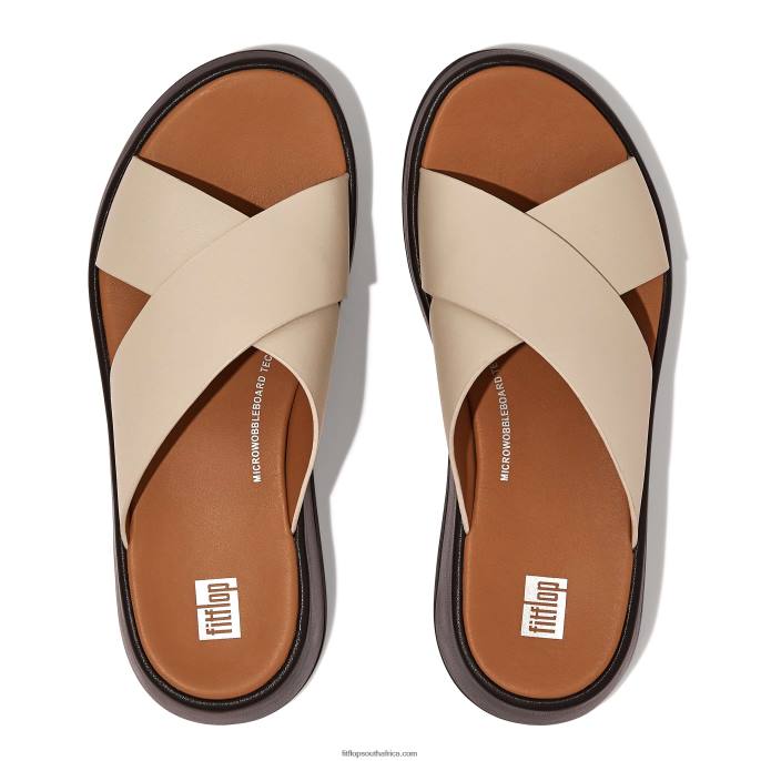 Women F-MODE Luxe Leather Flatform Cross Slides Fitflop 882F160 Beige/Black - Image 4