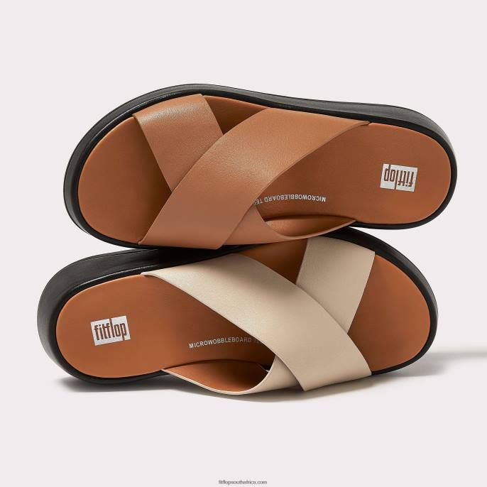 Women F-MODE Luxe Leather Flatform Cross Slides Fitflop 882F160 Beige/Black - Image 5
