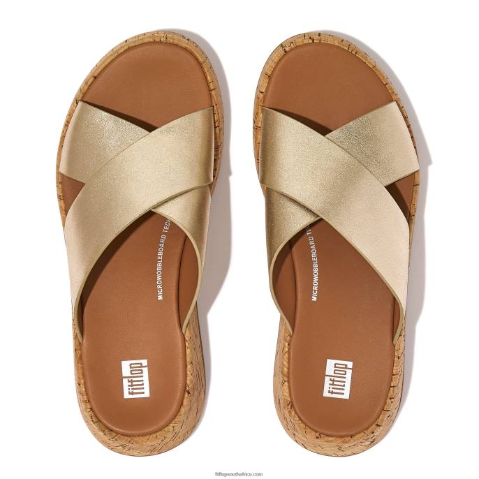 Women F-MODE Metallic Leather/Cork Flatform Cross Slides Fitflop 882F161 Platino - Image 3