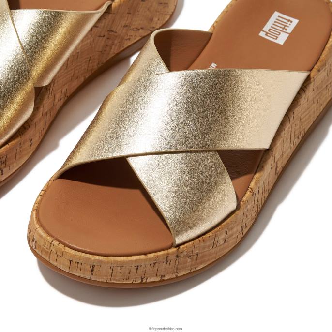 Women F-MODE Metallic Leather/Cork Flatform Cross Slides Fitflop 882F161 Platino - Image 4