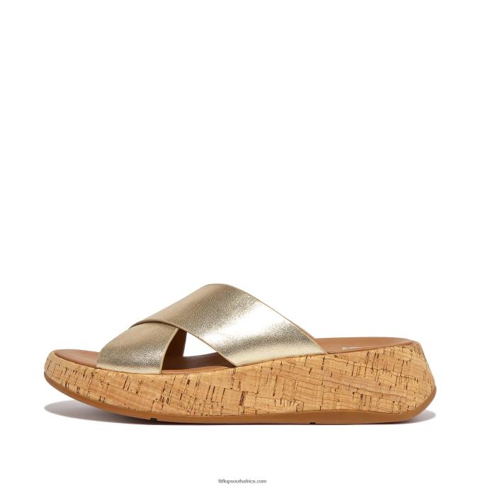 Women F-MODE Metallic Leather/Cork Flatform Cross Slides Fitflop 882F161 Platino - Image 1