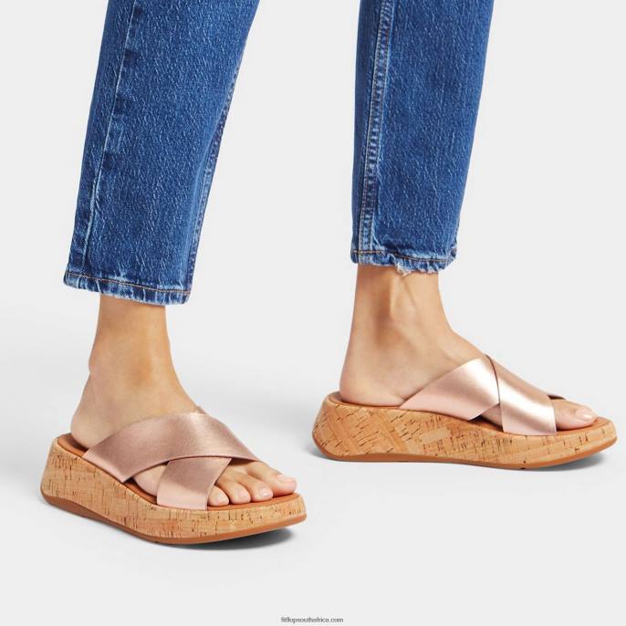 Women F-MODE Metallic Leather/Cork Flatform Cross Slides Fitflop 882F162 Rose Gold - Image 2