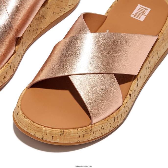 Women F-MODE Metallic Leather/Cork Flatform Cross Slides Fitflop 882F162 Rose Gold - Image 3