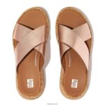 Women F-MODE Metallic Leather/Cork Flatform Cross Slides Fitflop 882F162 Rose Gold - Image 4