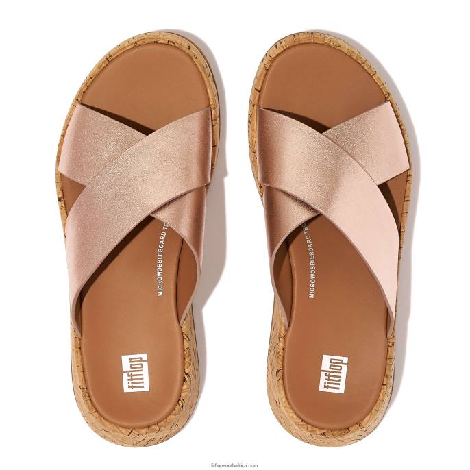 Women F-MODE Metallic Leather/Cork Flatform Cross Slides Fitflop 882F162 Rose Gold - Image 4