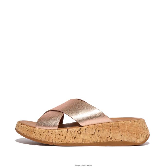 Women F-MODE Metallic Leather/Cork Flatform Cross Slides Fitflop 882F162 Rose Gold - Image 1