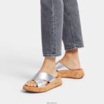 Women F-MODE Metallic Leather/Cork Flatform Cross Slides Fitflop 882F163 Silver - Image 2