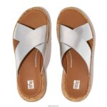 Women F-MODE Metallic Leather/Cork Flatform Cross Slides Fitflop 882F163 Silver - Image 3