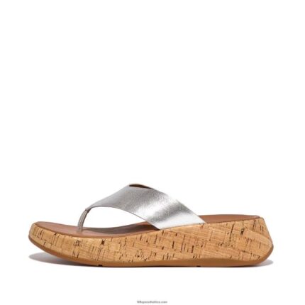 Women F-MODE Metallic Leather/Cork Flatform Toe-Post Sandals Fitflop 882F128 Silver
