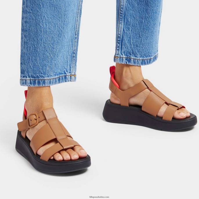 Women F-MODE Neon-Pop Leather Flatform Fisherman Sandals Fitflop 882F48 Latte Tan/Orange - Image 2