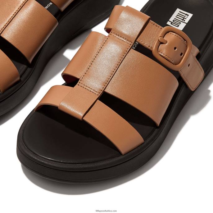 Women F-MODE Neon-Pop Leather Flatform Fisherman Slides Fitflop 882F164 Latte Tan/Orange - Image 3