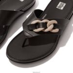 Women GRACIE Chain Leather Toe-Post Sandals Fitflop 882F133 Black - Image 3
