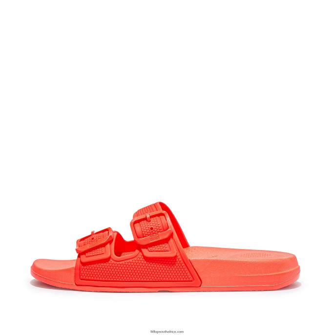 Women IQUSHION Two-Bar Buckle Slides Fitflop 882F88 Neon Orange - Image 1