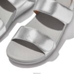 Women LULU Adjustable Leather Sandals Fitflop 882F54 Silver - Image 3