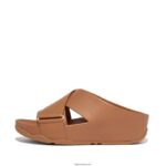 Women SHUV Leather Cross Slides Fitflop 882F166 Latte Tan