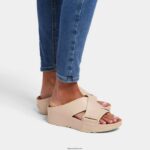Women SHUV Leather Cross Slides Fitflop 882F168 Stone Beige - Image 2